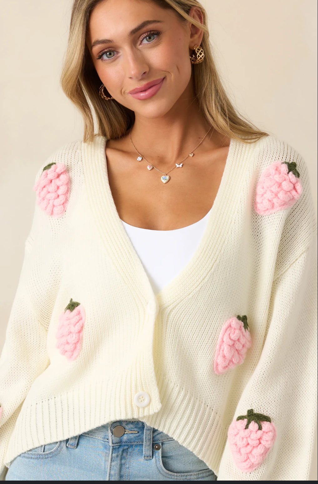 Love Tree Pink Strawberry Knit Cardigan Size Medium
