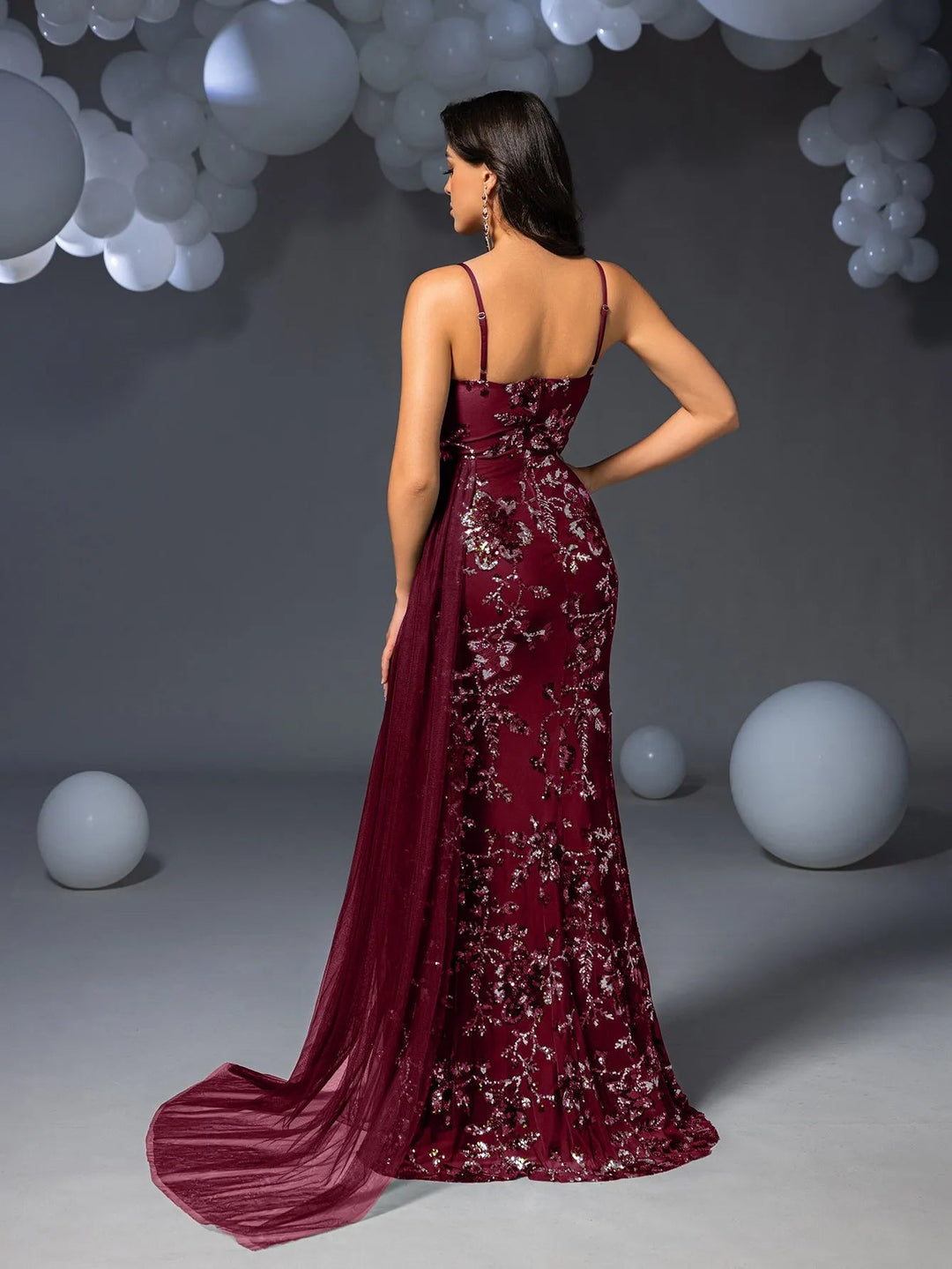 FAERIESTY Elegant Corset Bodice Tulle Draped Side Floral Sequin Slip Party Dress Size XL