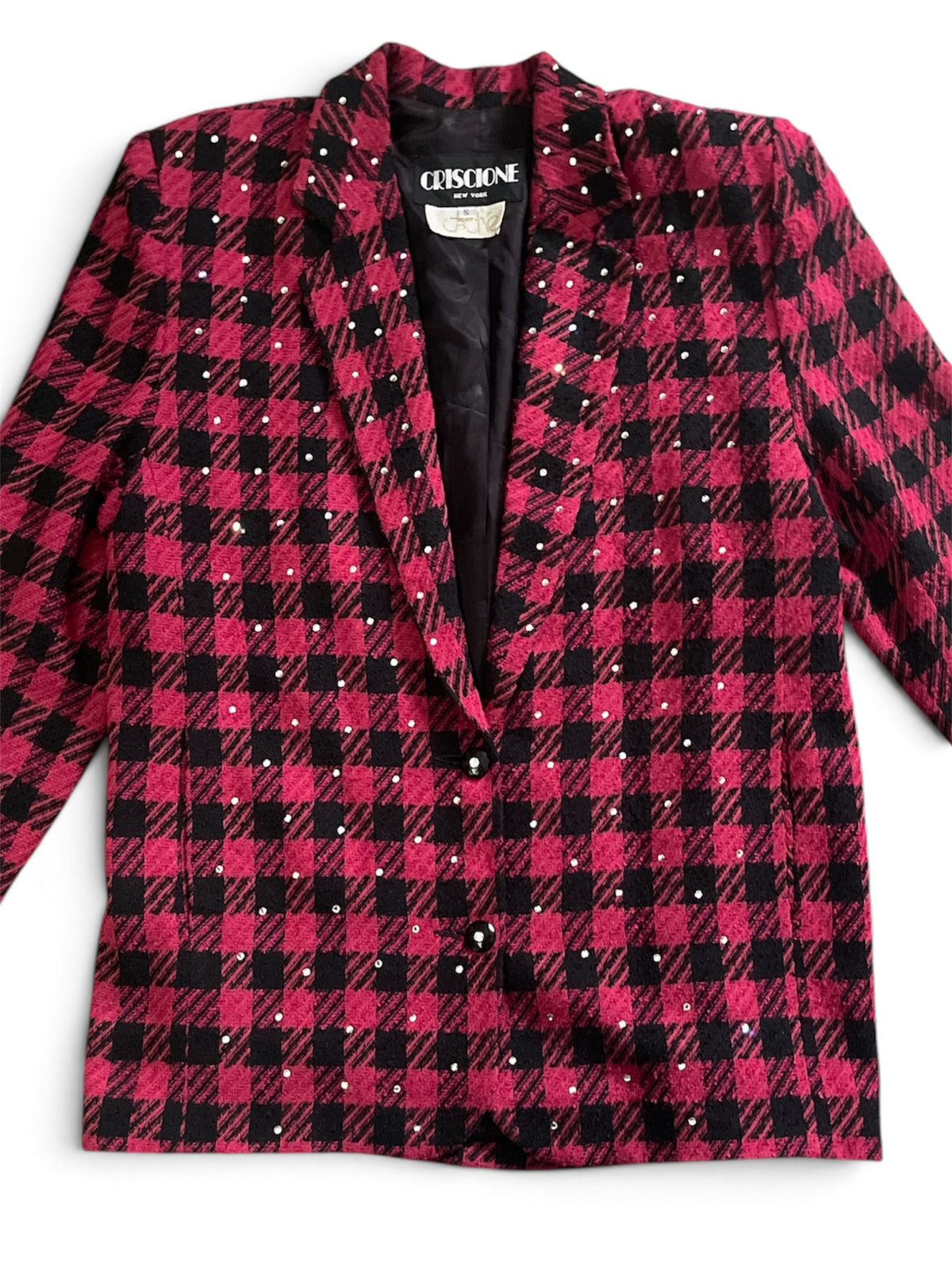 Vintage Criscione Evening 90's Rhinestone Embellished Red/Black Houndstooth Blazer Size Small