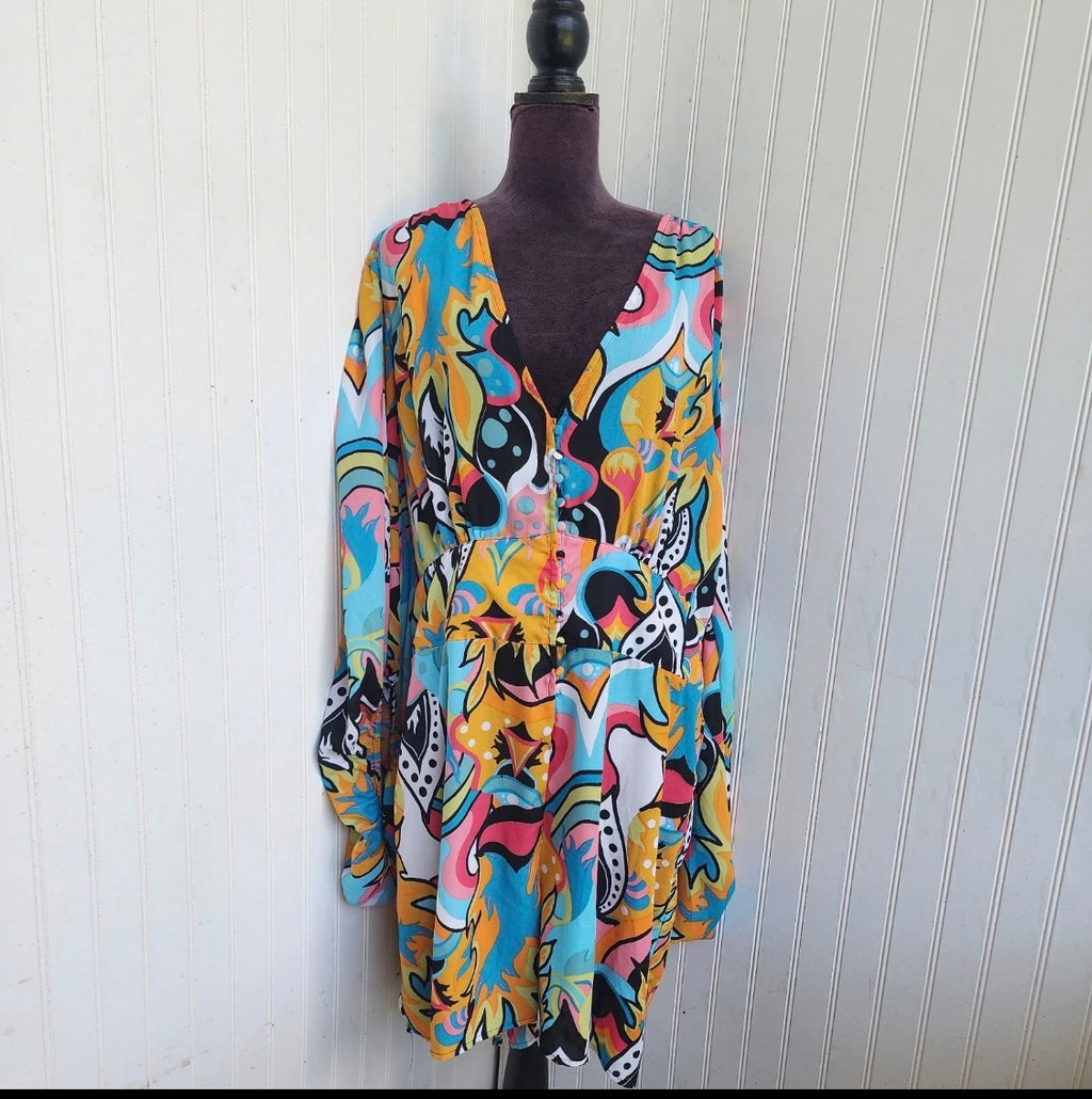 Ashley Stewart Colorful Geo Swirl V-Neck Split Romper Long Sleeve Size 24