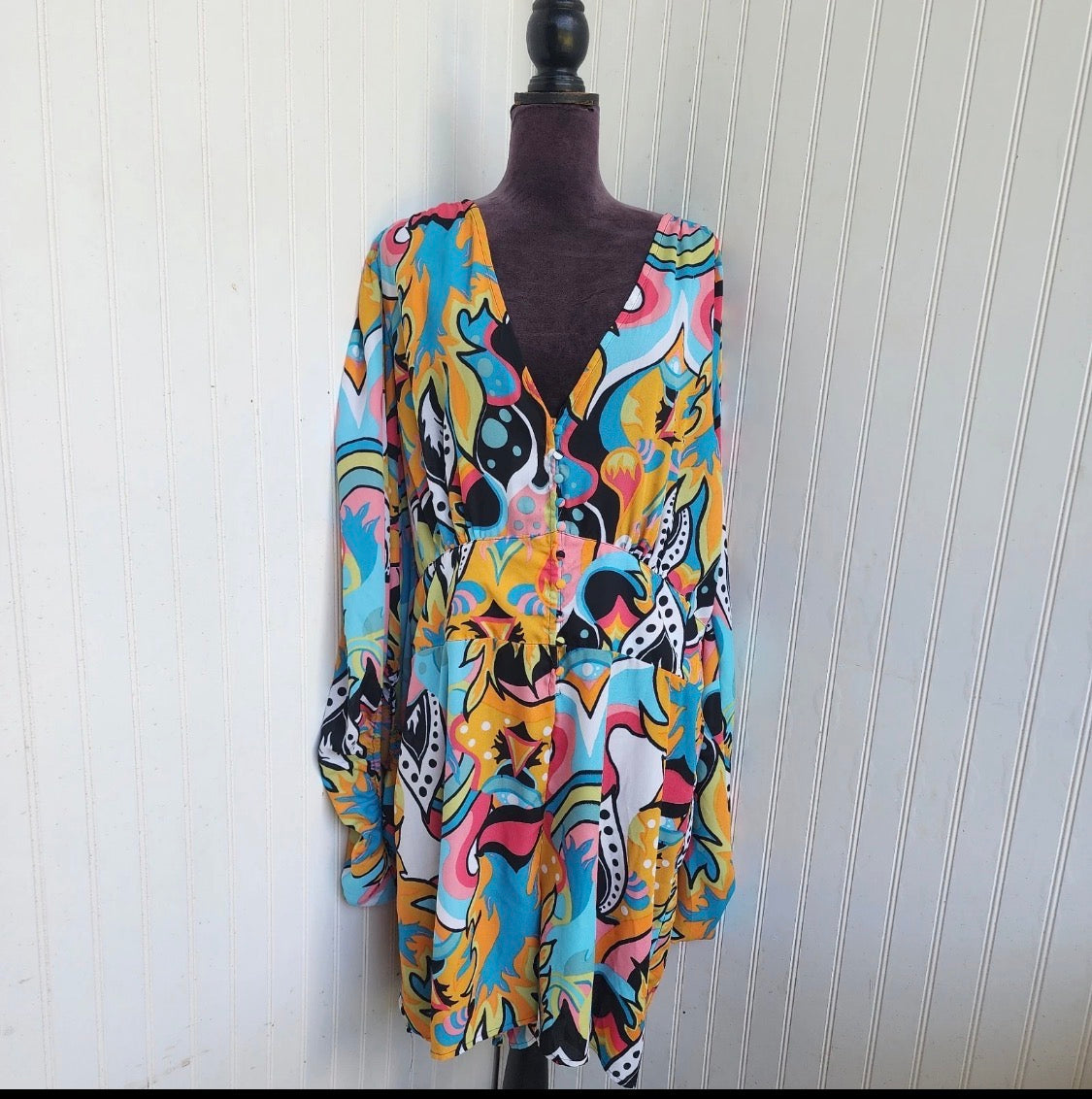 Ashley Stewart Colorful Geo Swirl V-Neck Split Romper Long Sleeve Size 24