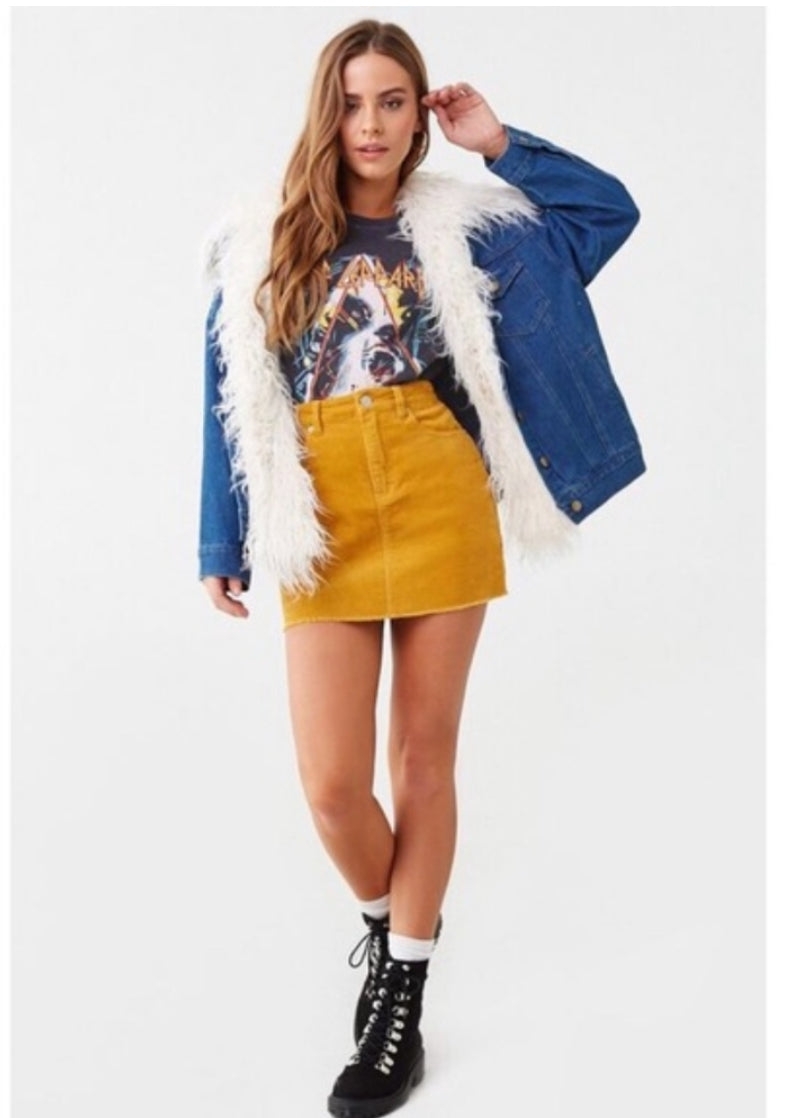 Forever 21 Denim Jean Jacket Off White Faux Fur Size Small