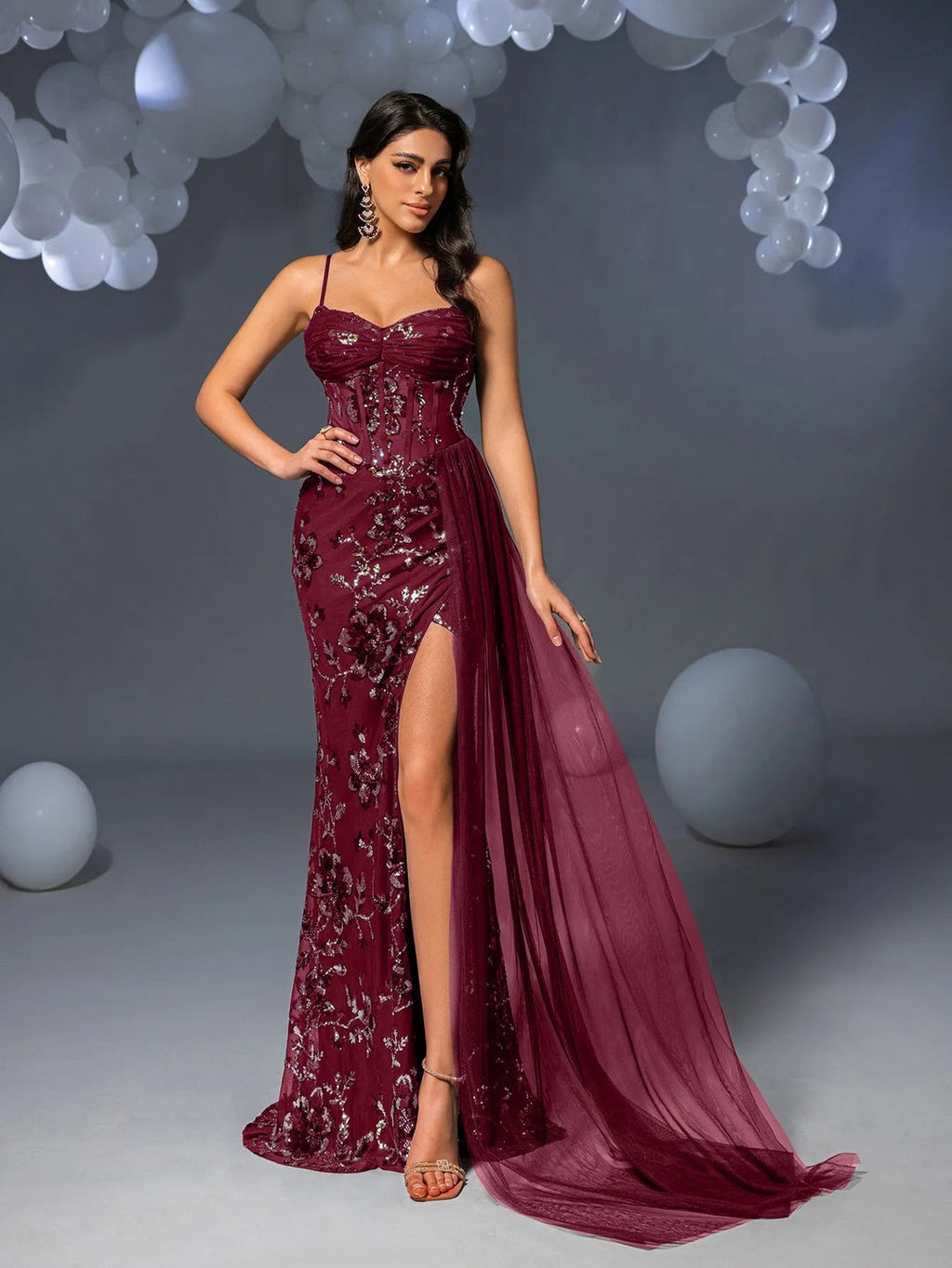 FAERIESTY Elegant Corset Bodice Tulle Draped Side Floral Sequin Slip Party Dress Size XL