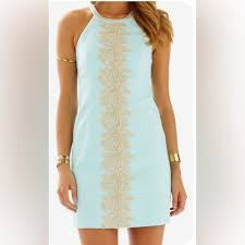 Lilly Pulitzer Pearl Shift Dress Whisper Blue With Gold Embroidered Details Size 14 NWTS