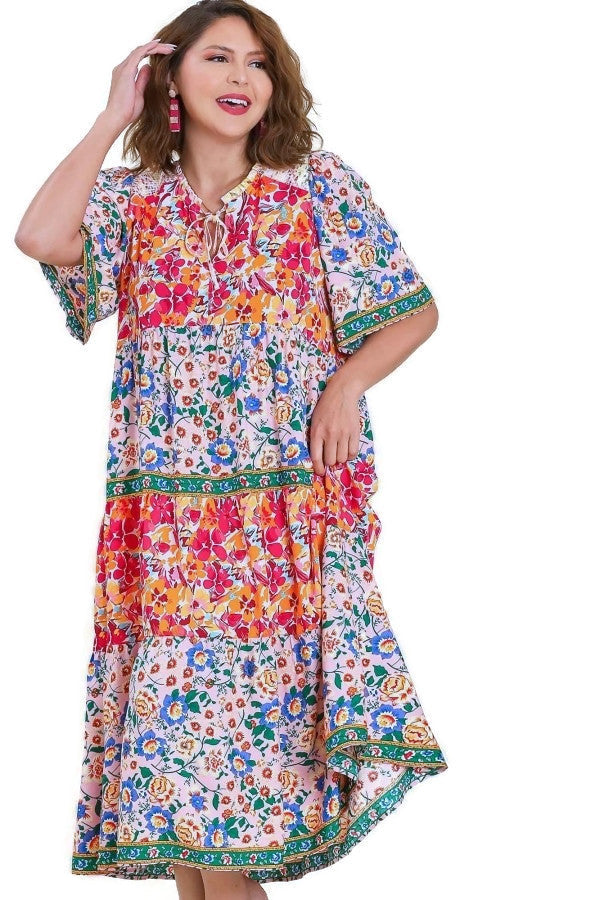 Umgee Mixed Floral Print Tier Dress Size Large