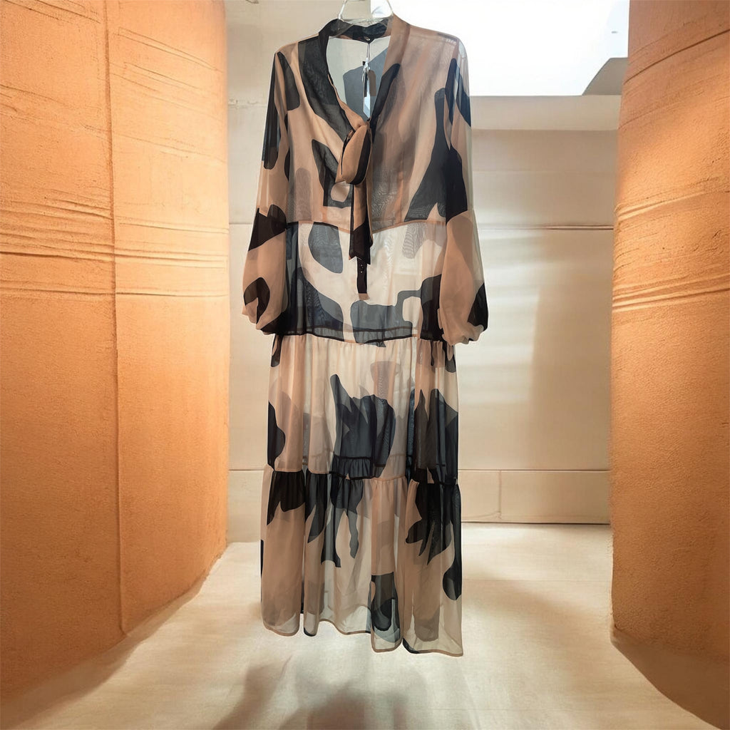 N By Nancy Black & Tan Bow tie Sheer Midi Dress NWTS Size XXL runs small Bust 37"