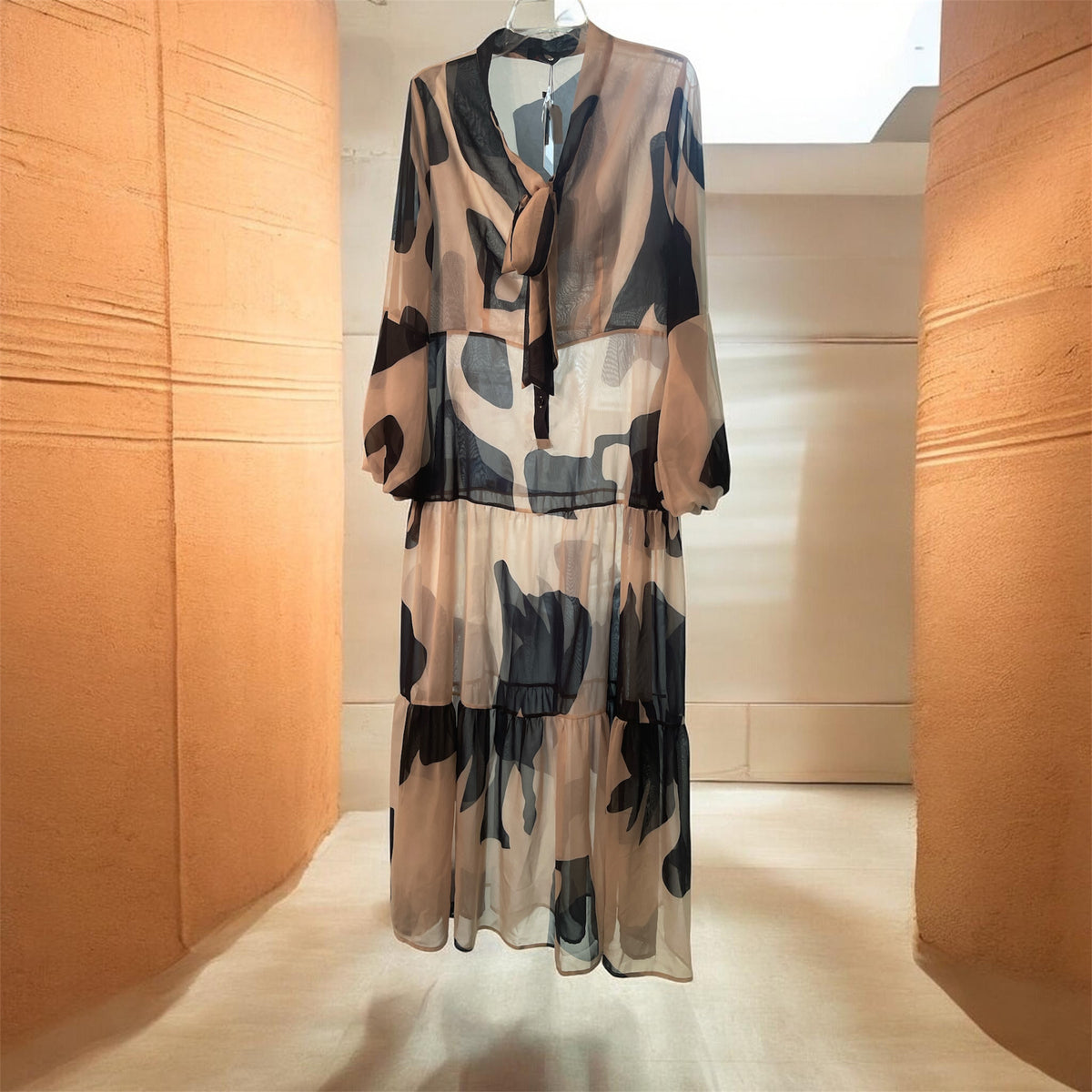 N By Nancy Black & Tan Bow tie Sheer Midi Dress NWTS Size XXL runs small Bust 37"