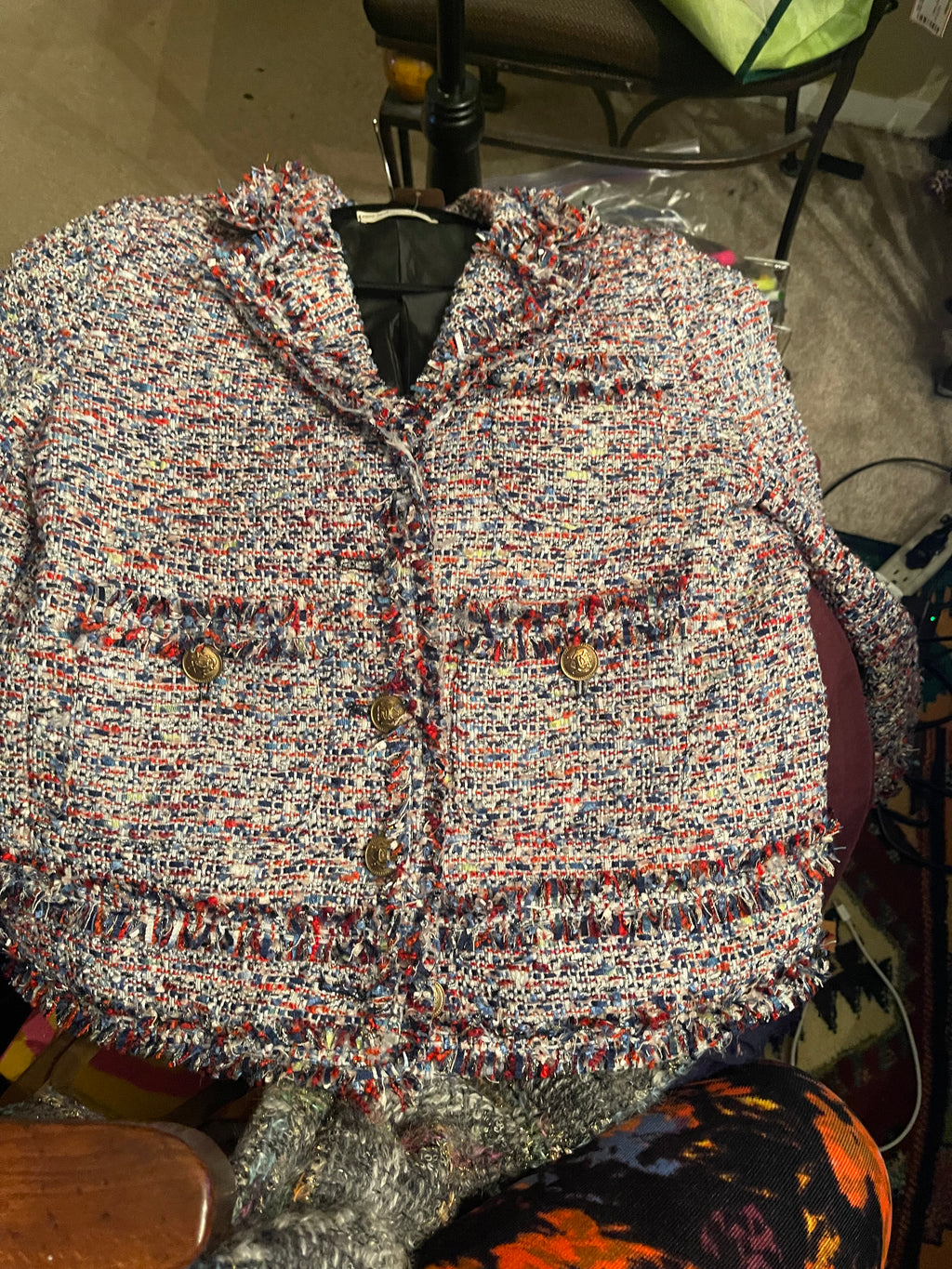 Free People Home Made Tweed Multi Print Cropped Jacket P2p 18"