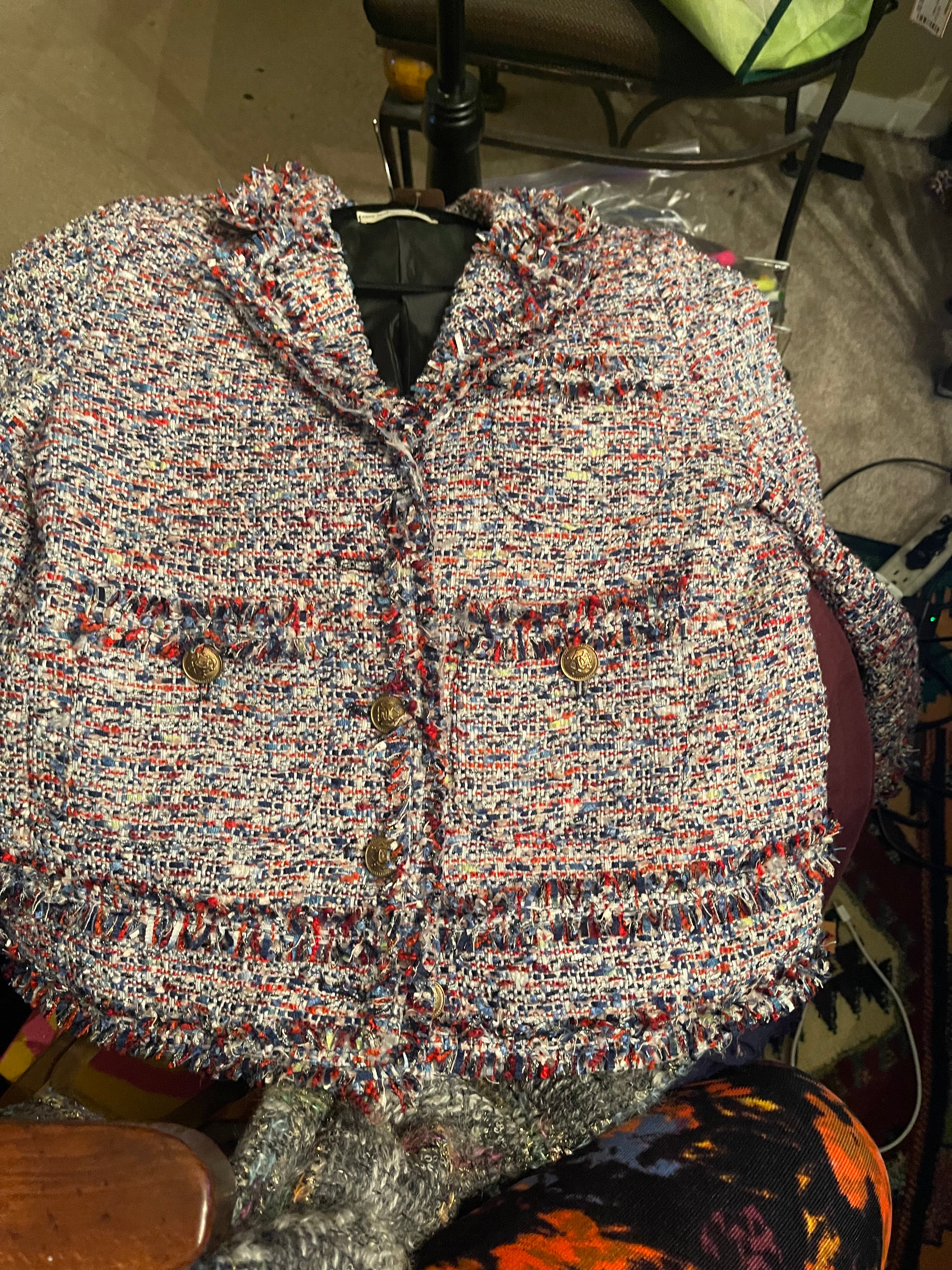 Free People Home Made Tweed Multi Print Cropped Jacket P2p 18"