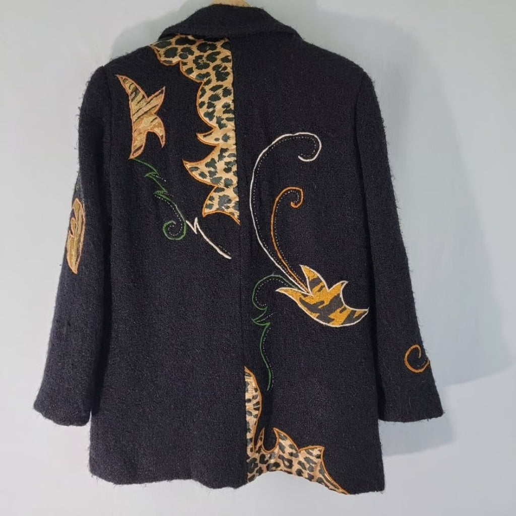 Vintage Alex Kim Peacoat Jacket With Animal Print Theme & Beading Size L