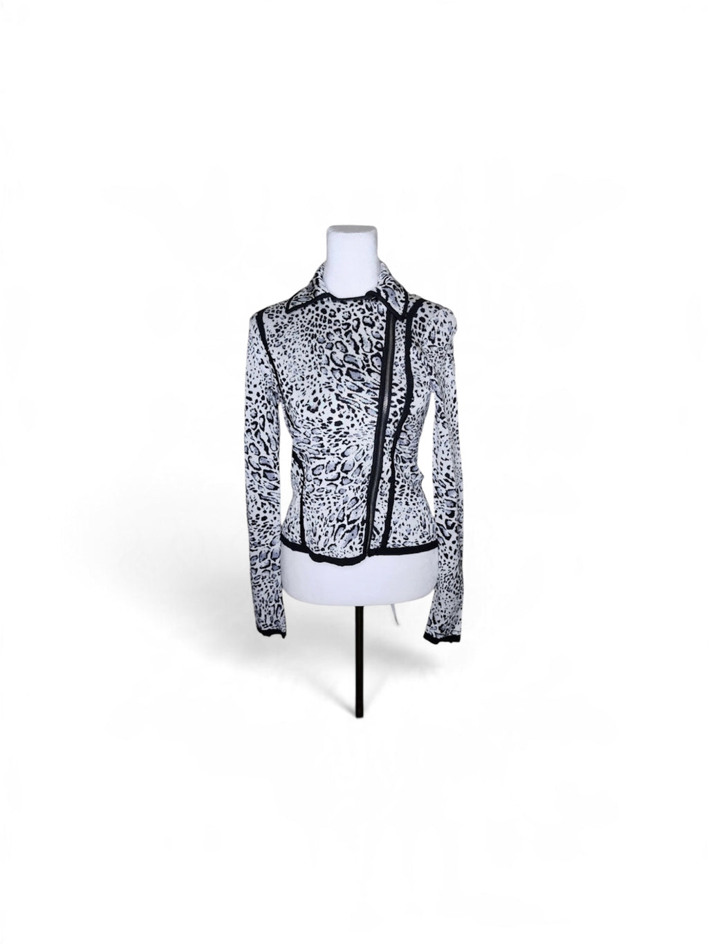 Y2K 90'S Vintage Cache' Black -and-White Animal Print Asymmetrical Zip Knit Jacket Size L