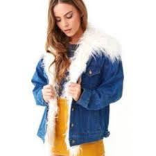 Forever 21 Denim Jean Jacket Off White Faux Fur Size Small