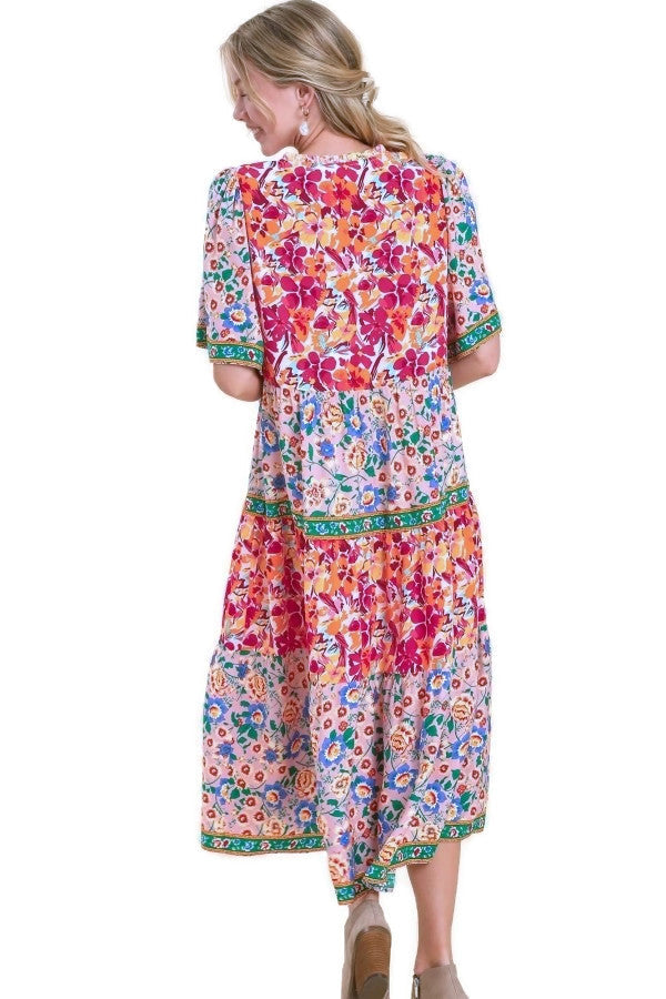 Umgee Mixed Floral Print Tier Dress Size Large