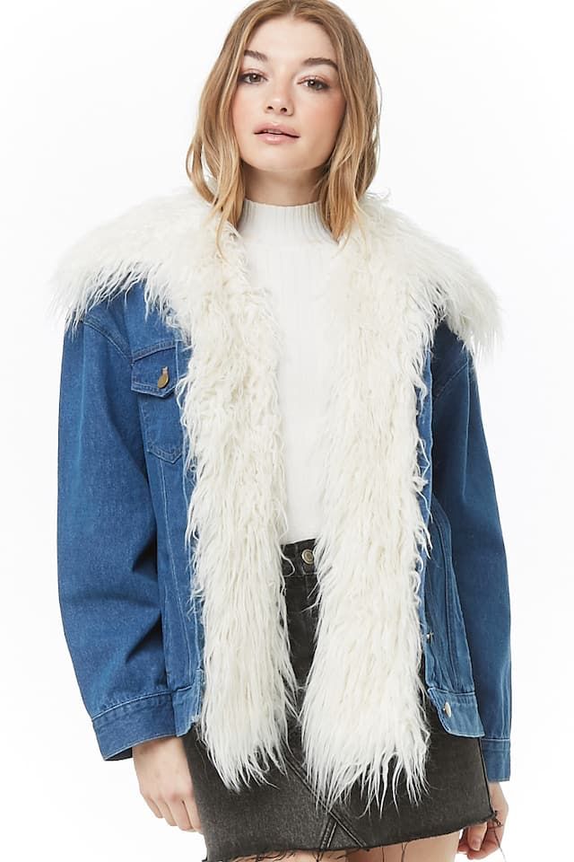 Forever 21 Denim Jean Jacket Off White Faux Fur Size Small