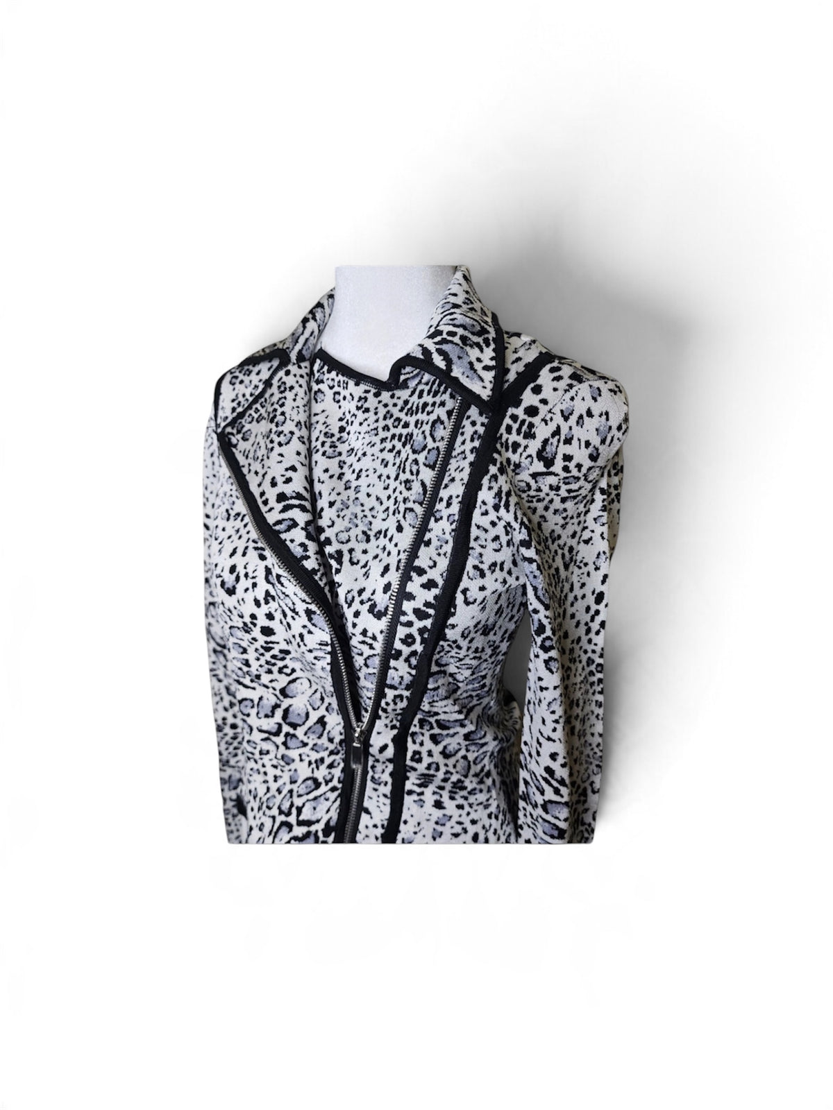 Y2K 90'S Vintage Cache' Black -and-White Animal Print Asymmetrical Zip Knit Jacket Size L