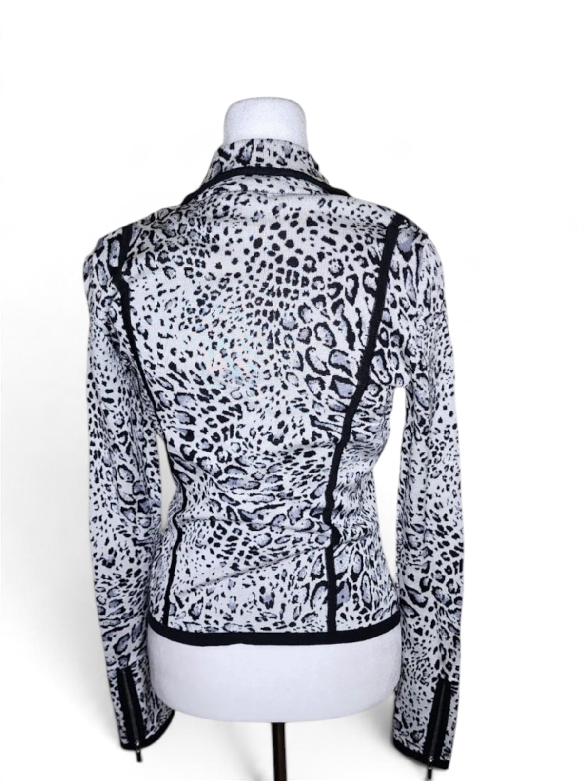 Y2K 90'S Vintage Cache' Black -and-White Animal Print Asymmetrical Zip Knit Jacket Size L