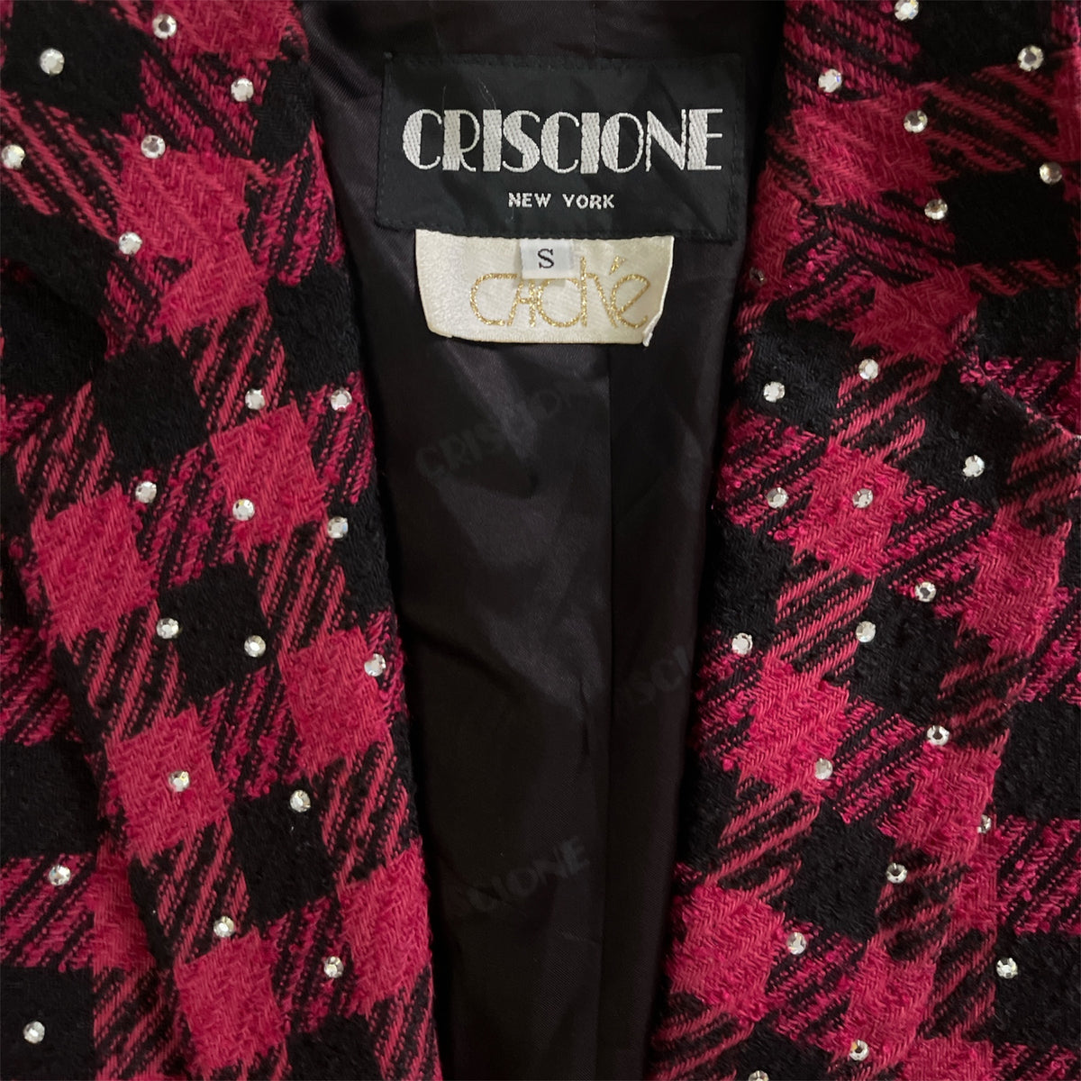 Vintage Criscione Evening 90's Rhinestone Embellished Red/Black Houndstooth Blazer Size Small