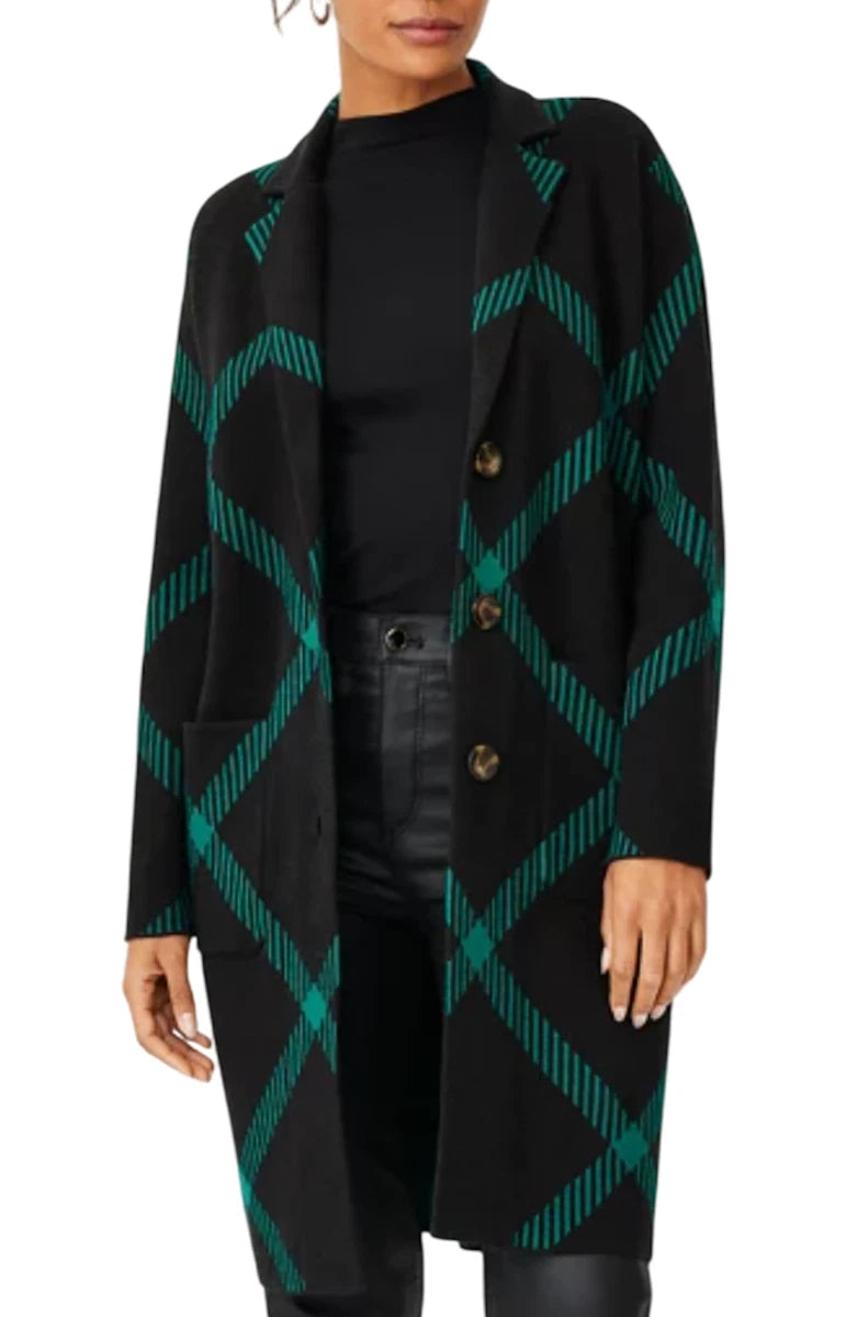 Ann Taylor Window Pane Black & Green Sweater Coat Size XL
