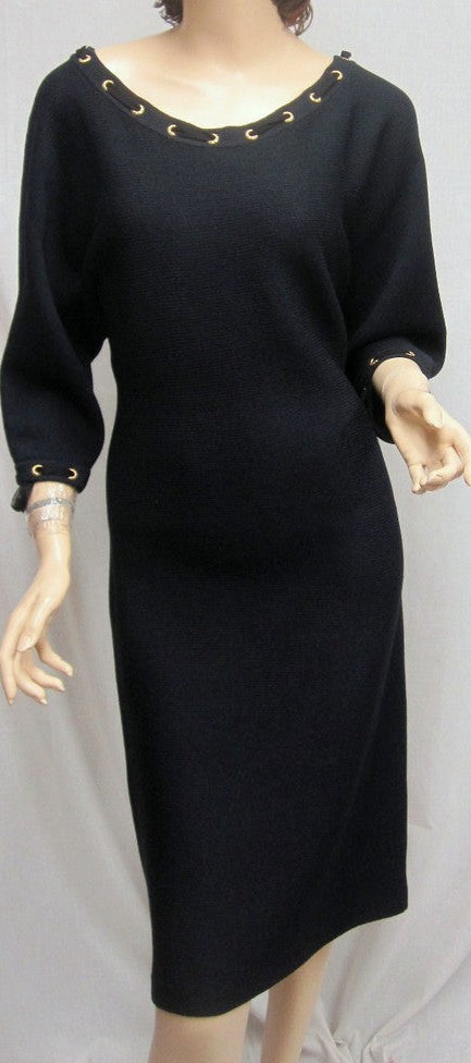 ST. JOHN Collection Black Knit Dress Grommet Neckline Size 14