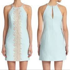 Lilly Pulitzer Pearl Shift Dress Whisper Blue With Gold Embroidered Details Size 14 NWTS