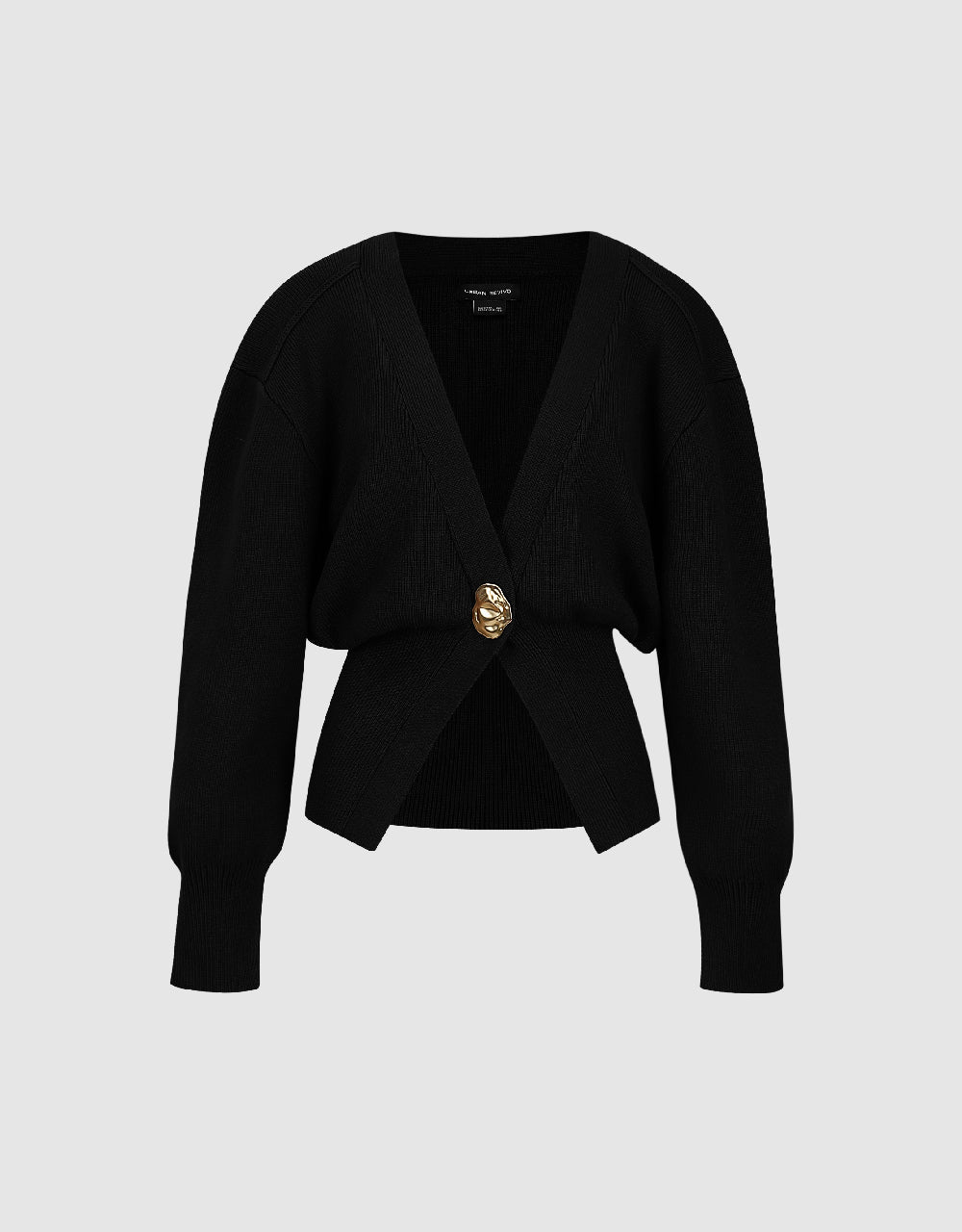 Urban Revivo Knitted Black Cardigan Long Sleeve V-Neck Sweater One Gold Leaf Button Size XL