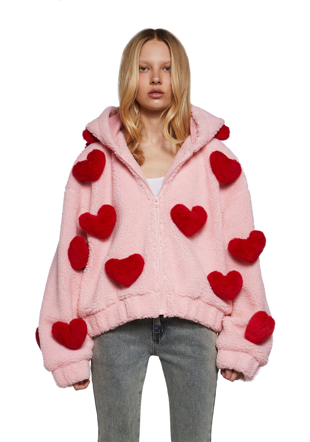 Sugar Thrillz "Snuggle Wonderland" cropped sherpa jacket featuring plush 3D red heart appliqués XXS oversized runs large up to P2P 23”