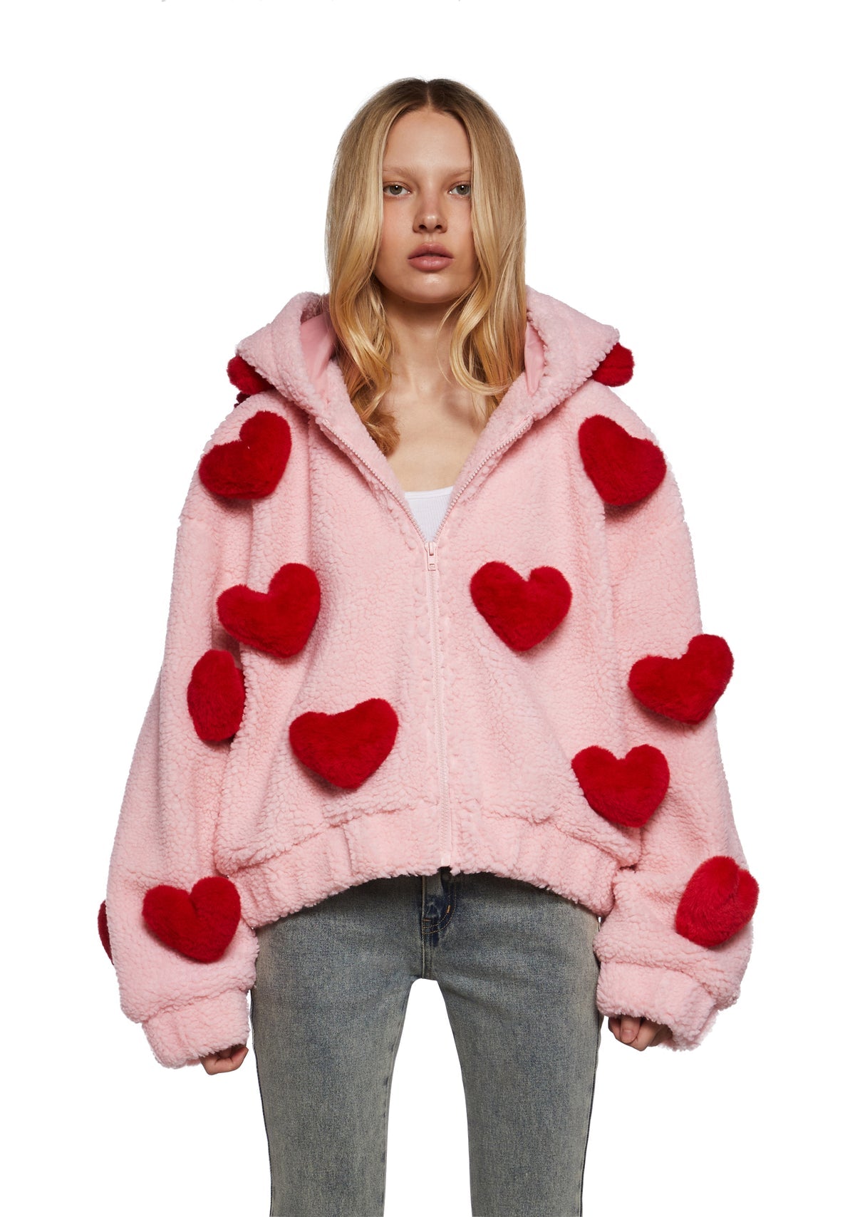 Sugar Thrillz "Snuggle Wonderland" cropped sherpa jacket featuring plush 3D red heart appliqués XXS oversized runs large up to P2P 23”