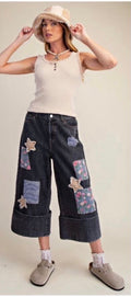 Easel Women's Wide Leg Denim Cropped Jeans Floral Patchwork Size M