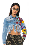 Akira Denim Cropped Jacket with Patches Size Medium