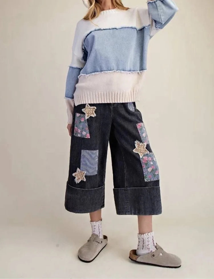 Easel Women's Wide Leg Denim Cropped Jeans Floral Patchwork Size M