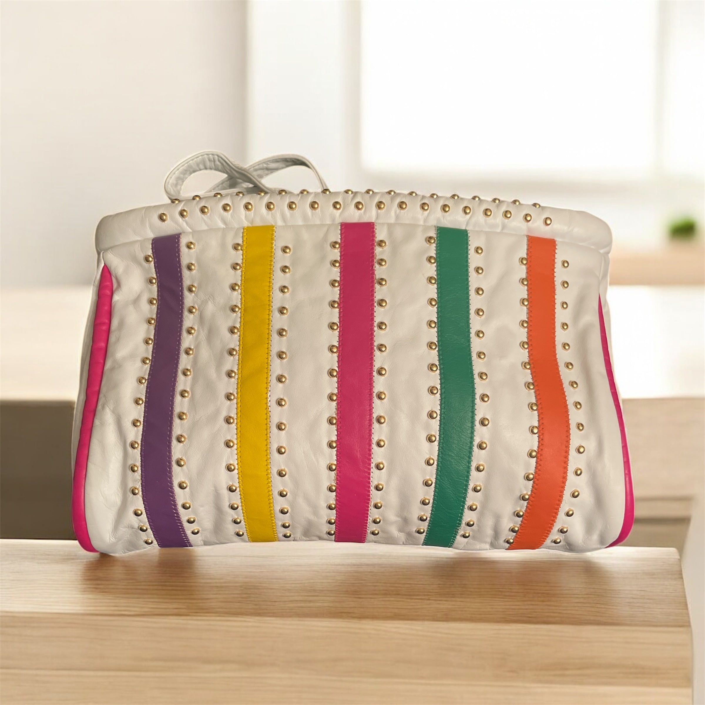 Vintage Noble Handbags Inc. Genuine Leather Multi Striped Gold Studs Accent Clutch 14"L X 9"W