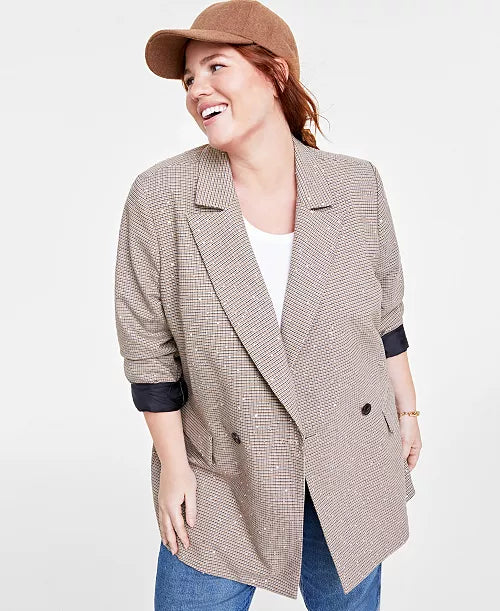On 34th Women's Sequined Plaid Double-Breasted Blazer Size 14