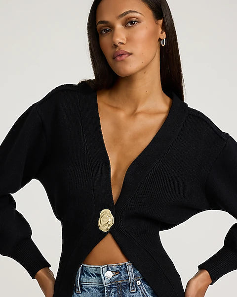 Urban Revivo Knitted Black Cardigan Long Sleeve V-Neck Sweater One Gold Leaf Button Size XL