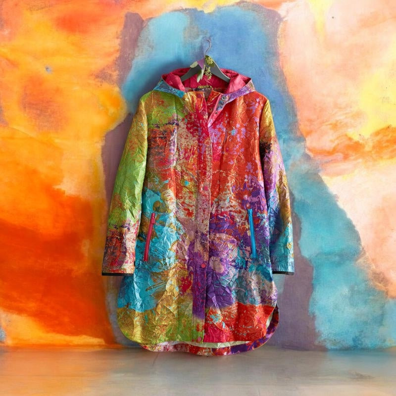UBU By Artist Janet Barnett Vibrant Multi-Color Raincoat Size Small