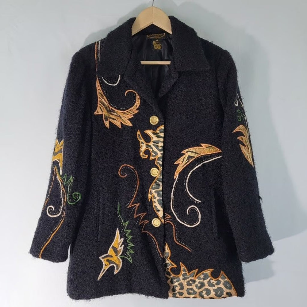 Vintage Alex Kim Peacoat Jacket With Animal Print Theme & Beading Size L