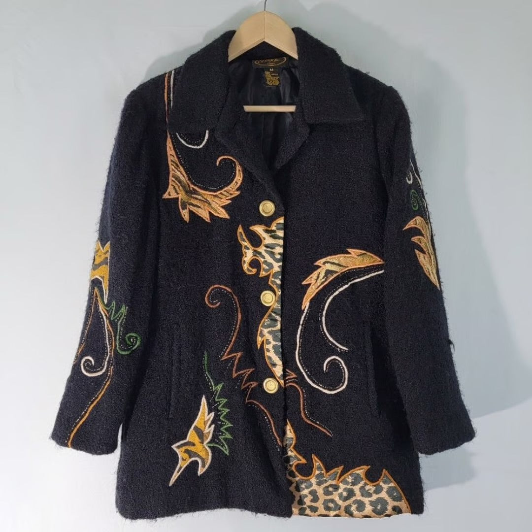 Vintage Alex Kim Peacoat Jacket With Animal Print Theme & Beading Size L