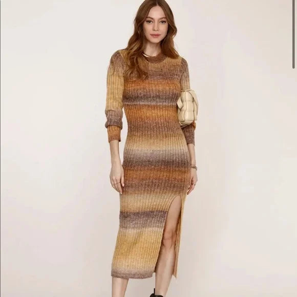 Heartloom Marina Dress Tan Ombre Striped Midi Sweater Dress Size L