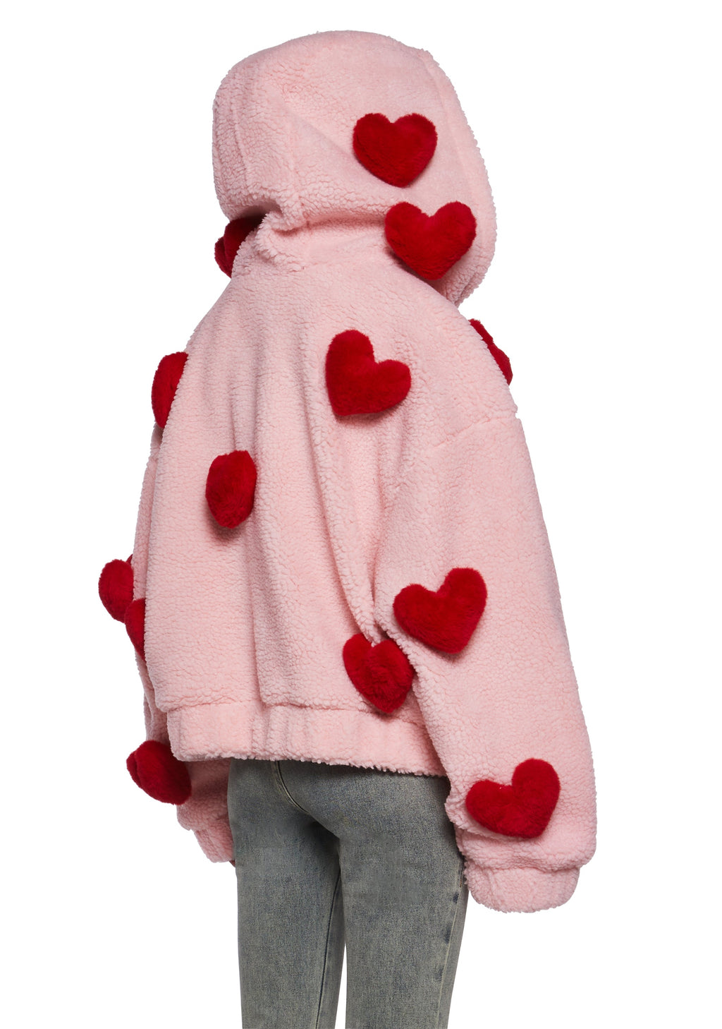 Sugar Thrillz "Snuggle Wonderland" cropped sherpa jacket featuring plush 3D red heart appliqués XXS oversized runs large up to P2P 23”