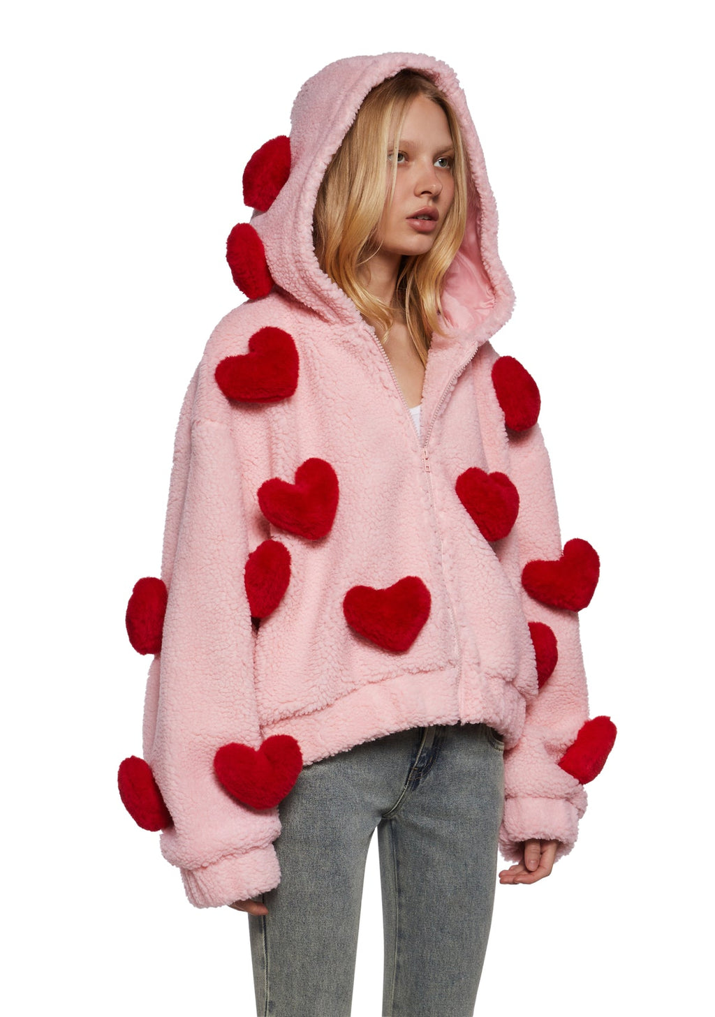 Sugar Thrillz "Snuggle Wonderland" cropped sherpa jacket featuring plush 3D red heart appliqués XXS oversized runs large up to P2P 23”