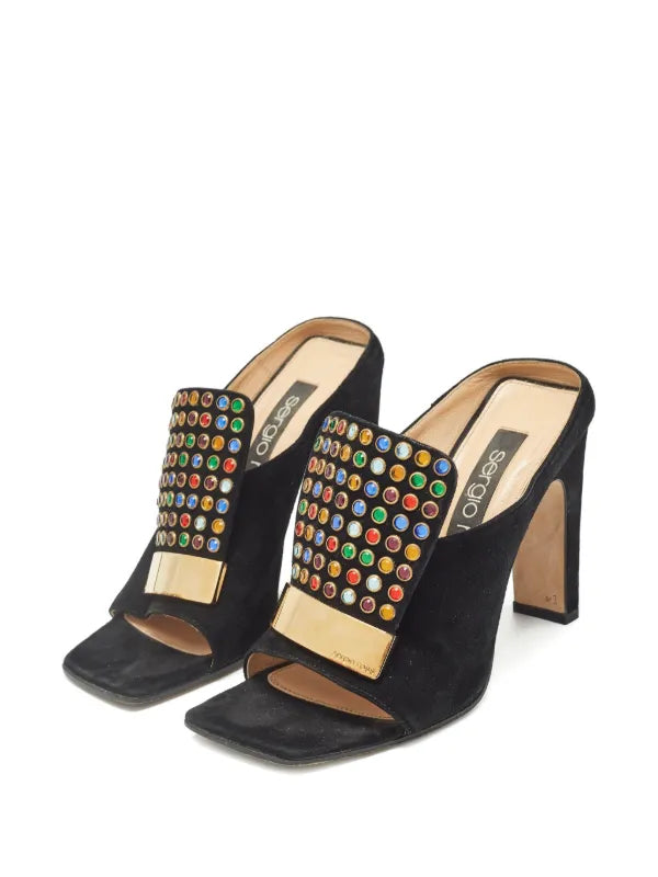 Vintage Sergio Rossi 105 mm Black Embellished Heeled Women's Mule Size 39 Made In Italy