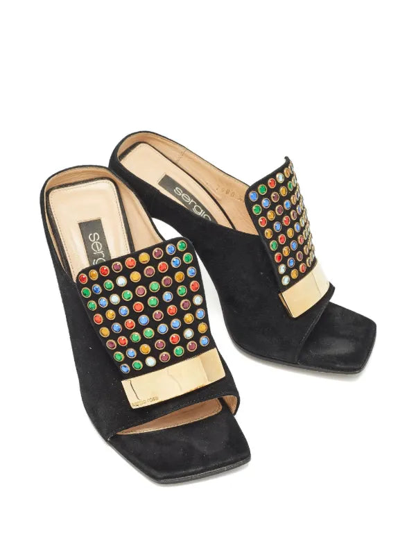 Vintage Sergio Rossi 105 mm Black Embellished Heeled Women's Mule Size 39 Made In Italy