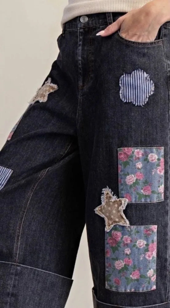 Easel Women's Wide Leg Denim Cropped Jeans Floral Patchwork Size M
