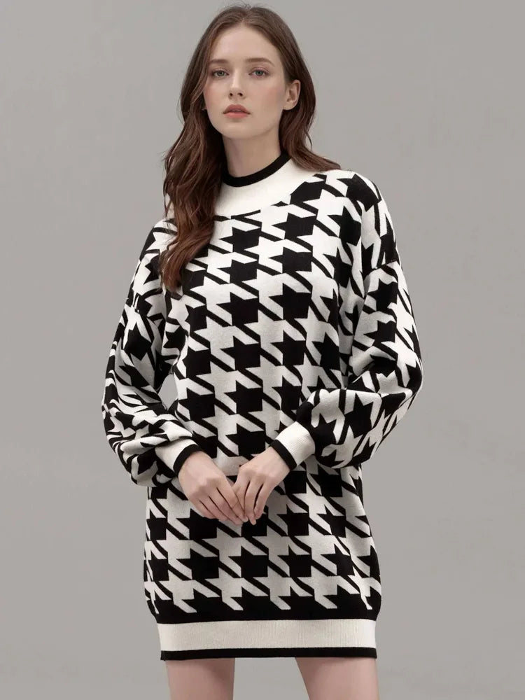 Blu Pepper Mock Neck Houndstooth Sweater Dress – Black & Ivory Mini Knit Dress M